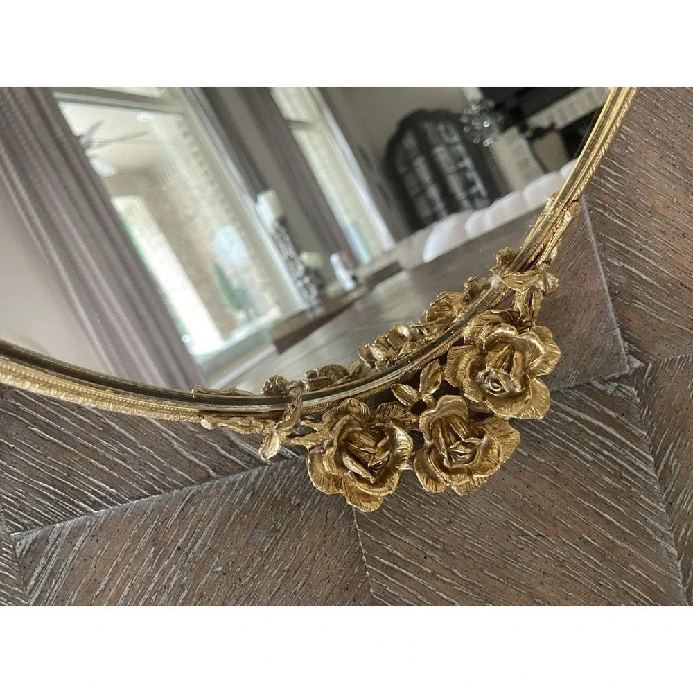 Vtg Stylebuilt Gold Ormolu Vanity Mirror Oval Tray Rose Handle Hollywood Regency